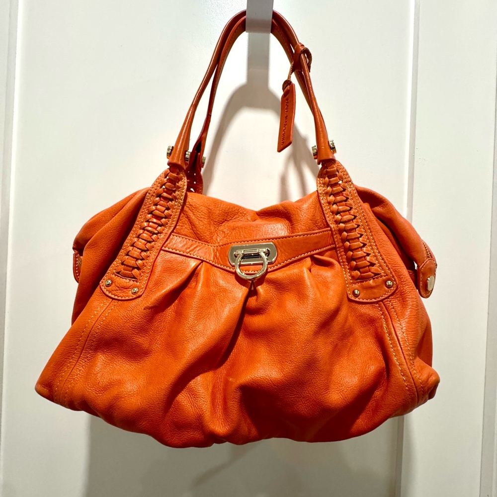 Aqua Maddonna Orange Leather handbag w/leopard lining. In excellent condition.